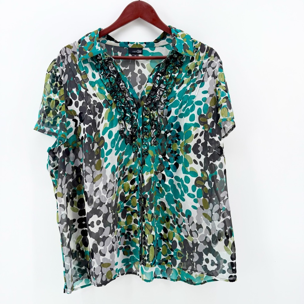 East 5th Woman Blouse 2X Teal Green Abstract Animal Print Ruffle V-Neck Career